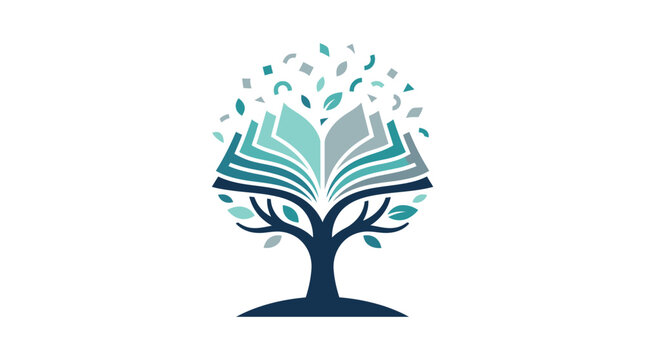 A stylized tree logo featuring an open book as its canopy with floating leaves.