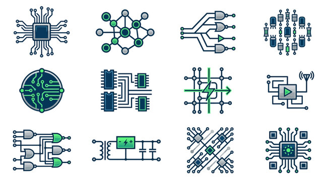 A collection of electronic circuit and microchip icons