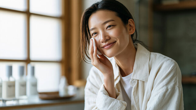 Young Asian woman performing a deliberate multi-step Korean skincare toning routine, pressing an essence-soaked cotton pad across her cheekbone over a bathroom shelf lined with