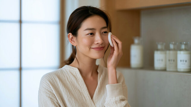 Young Asian woman performing a deliberate multi-step Korean skincare toning routine, pressing an essence-soaked cotton pad across her cheekbone over a bathroom shelf lined with