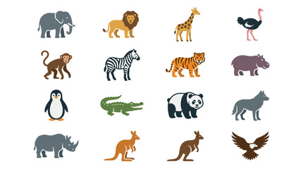 Obraz premium Flat vector icons of various wild animals on a white background