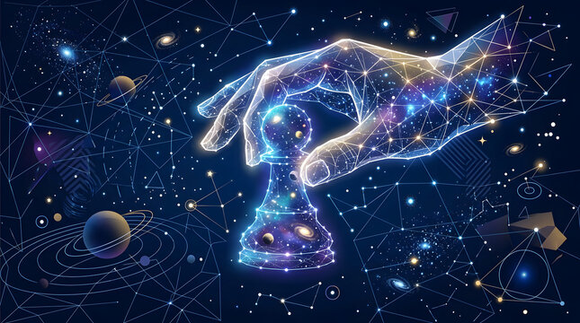 Digital Hand Moving Chess Pawn on Cosmic Network Background Concept of Strategic Planning and Cybernetic Leadership