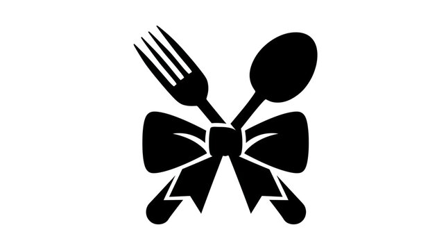 Black silhouette of a bow with crossed fork and spoon isolated on transparent background