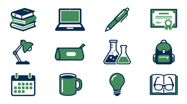 Vector education and school icons set in green and blue