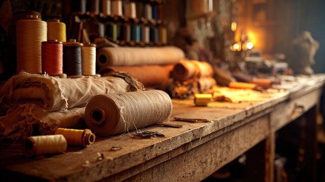 worktable. Interior of a classic tailor's workshop with a cluttered wooden worktable. safety posters, maintenance manuals, designed for precision metalworking and fabrication facilities.