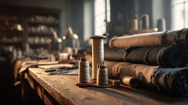 worktable. Interior of a classic tailor's workshop with a cluttered wooden worktable. safety posters, maintenance manuals, designed for precision metalworking and fabrication facilities.