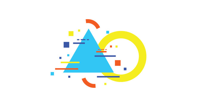 Abstract geometric composition featuring a blue triangle and yellow circle with colorful glitch effect elements and squares.