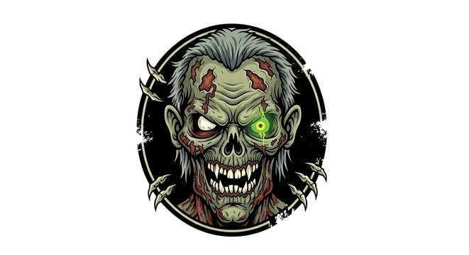 Zombie Head with Glowing Eyes and Sharp Teeth in Circular Frame.