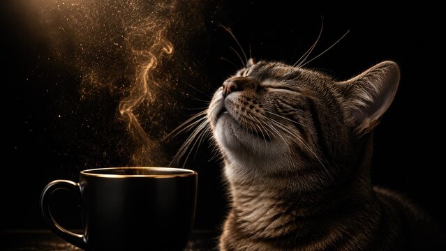 generate image of a cat drinking coffee