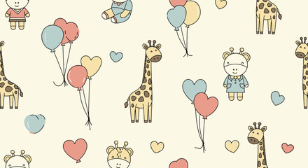 Seamless pattern featuring cute giraffes, balloons, hearts, and small characters on a cream background for nursery room wallpaper.