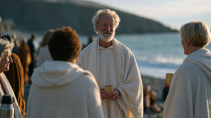 Fototapeta premium Cold water swimming club members on a pebble beach toweling off after a winter sea swim, laughter and shivering together in a circle, thermos cups of tea passing between them,