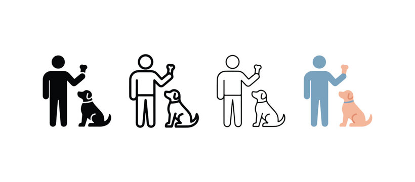 Stick figures of people with dogs sitting and being fed treats  dog training and interaction