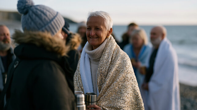 Cold water swimming club members on a pebble beach toweling off after a winter sea swim, laughter and shivering together in a circle, thermos cups of tea passing between them,