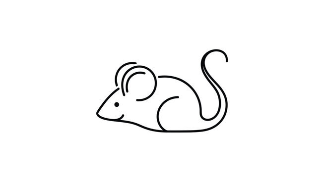 Cute little mouse line art drawing in a minimal black and white style featuring a long curved tail and round ears.