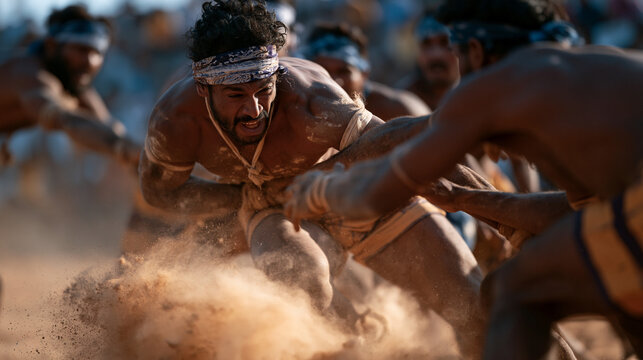 Kabaddi raider holding a single breath and chanting while dodging tackles from seven defenders, lunging for the baulk line, the clay court sending up dust as opponents grab at the