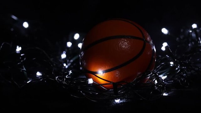 Una toma de cerca de una pelota de baloncesto  con unas luces en un fondo negro