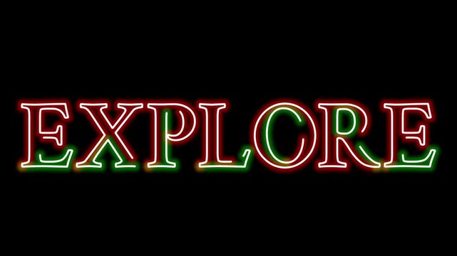 Glowing neon explore text sign for travel adventure vacation journey outdoor tourism discovery route map typography banner animation video motion