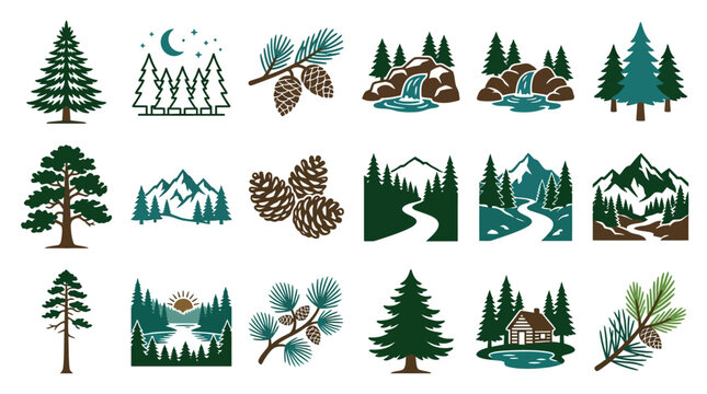 Vector set of forest and mountain icons on a white background