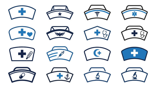 A collection of blue nurse hat icons with medical symbols