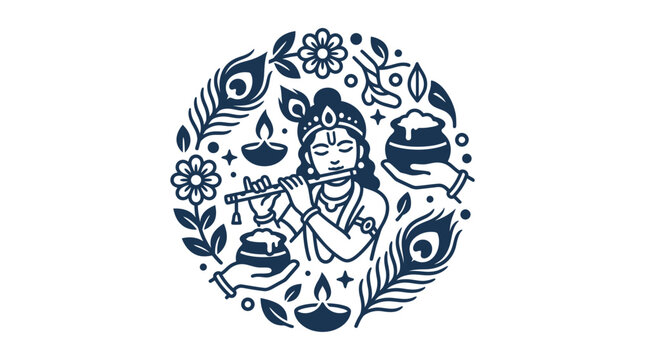 Lord Krishna playing flute surrounded by traditional symbols and floral elements.