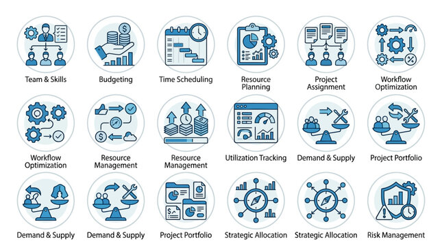 Business Management Icons: Project Planning, Strategy, Teamwork, Finance, Workflow