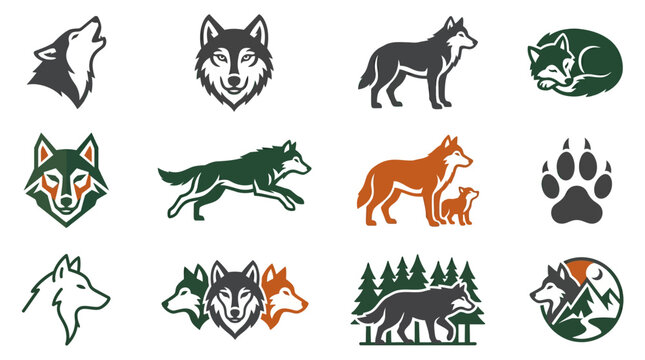 Collection of minimalist wolf vector icons on a white background
