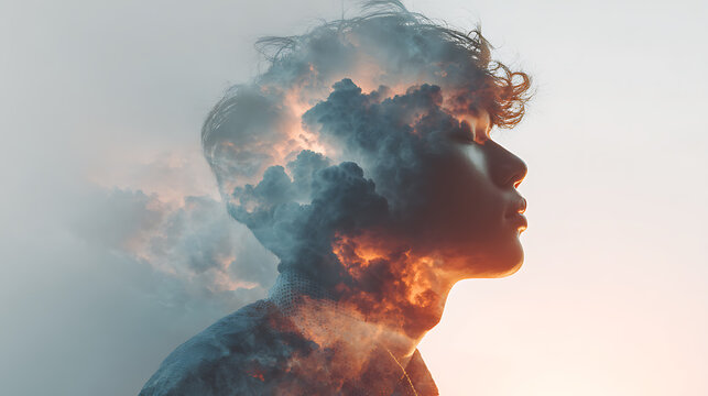 Double exposure portrait with storm clouds inside a human silhouette, symbolizing mental health, emotional turmoil, anxiety, inner conflict, resilience, healing and hope