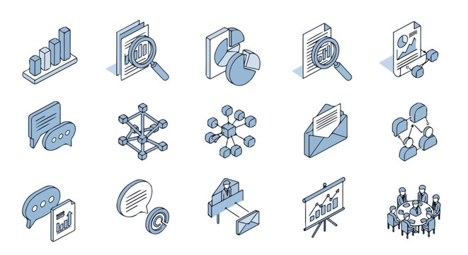 A set of fifteen blue and gray isometric icons illustrating business, data analysis, communication, and teamwork concepts on a white background.