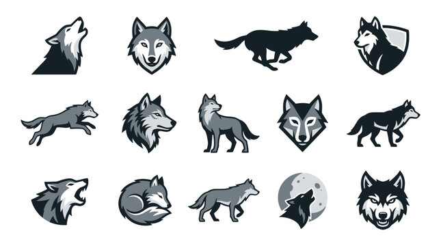 Wolf vector icons and mascot logos on a white background