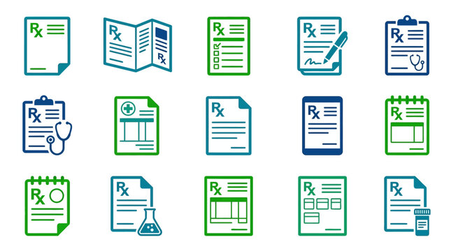 A collection of medical prescription icons on a white background
