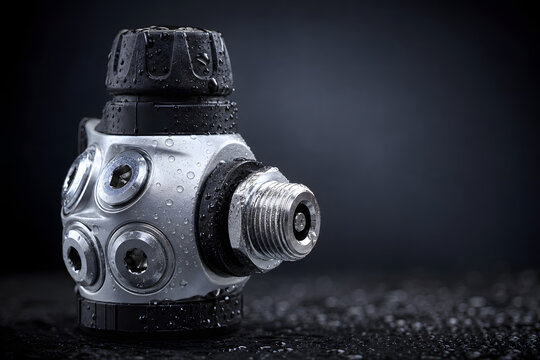 Macro scuba regulator first stage with water droplets