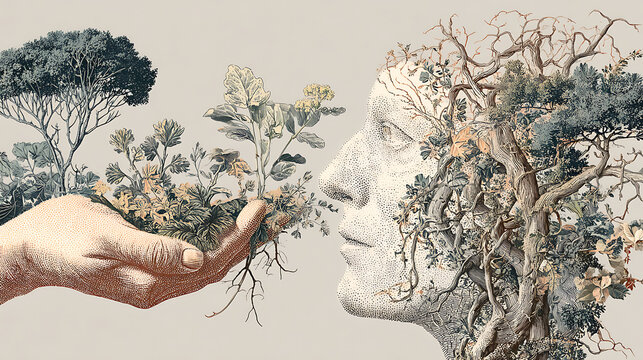 Conceptual illustration of nurturing mental health through nature, showing a hand offering new growth toward a mind filled with trees, symbolizing healing, resilience and emotional renewal