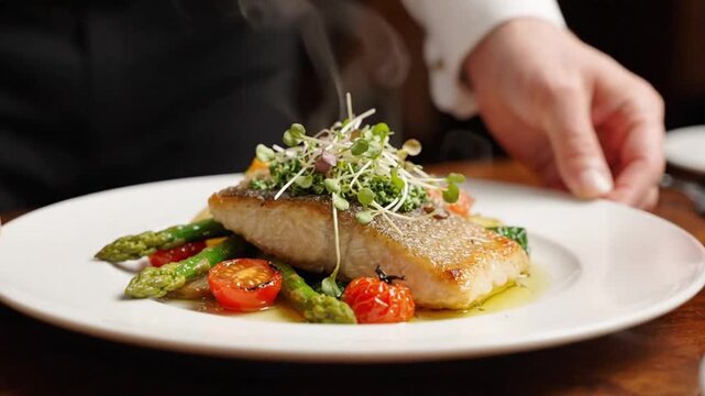 Chef serves perfectly cooked salmon with fresh vegetables and microgreens in a gourmet restaurant.