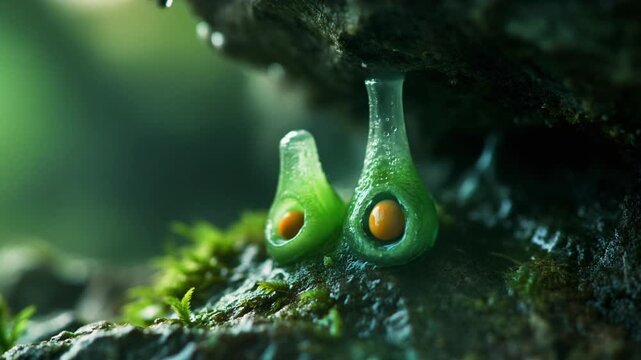 Close-up of Moss Archegonia, the Female Reproductive Organs of Mosses, Showcasing Their Delicate Green Structures with Orange Spores on a Mossy For...