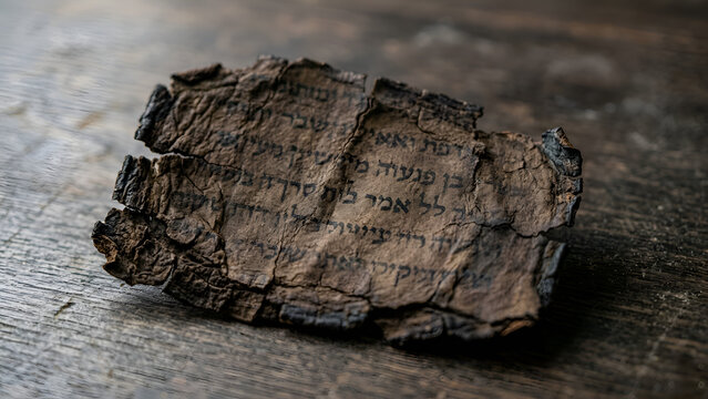 Ancient Scroll Fragment with Hebrew Text, Vintage Parchment, Historical Document