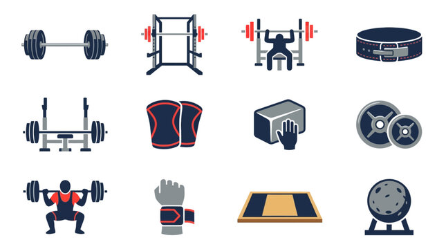 Flat vector icons of powerlifting and gym equipment