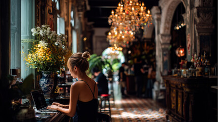 Fototapeta premium Woman working on laptop at night in a charming European street alley, illuminated by warm golden lights and decorative flowers, blending modern work with historic architecture.