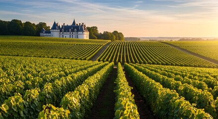 Fototapeta premium Vineyard Landscape with Chateau in Loire Valley at Sunset.