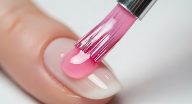 Close up of female finger with natural nail, applying gel polish using professional brush. Brush delicately spreads shiny pink substance, applying gel polish for perfect smooth finish.