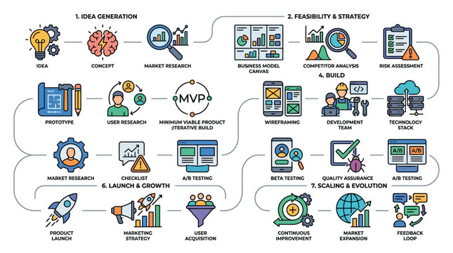 Business development process flowchart: idea, build, launch, growth, evolve.