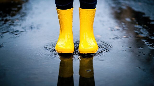 mud. Yellow rubber boots splash in a rain puddle, capturing dynamic water droplets. mobility guides, transit brochures, designed for transport & logistics marketing, used by copywriters.