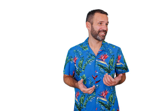 Smiling man wearing hawaiian shirt, gesturing and looking to the side, enjoying tropical vacation, transparent background