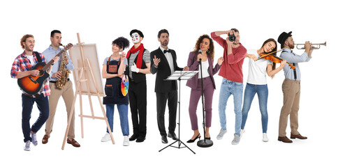 Obraz premium People of different artistic occupations, collection of portraits on white background. Choosing profession