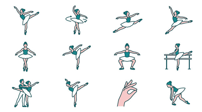 Vector icons of ballet dancers performing various dance poses
