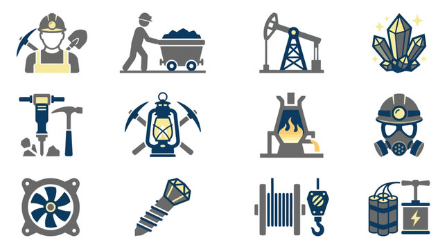 Vector icons set representing mining and heavy industry equipment