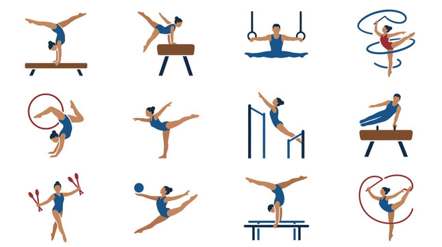Flat vector icons of gymnasts performing athletic routines