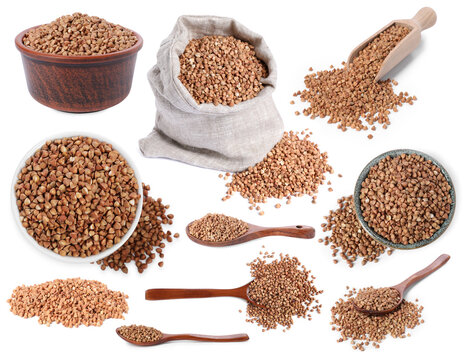 Set of buckwheat grains isolated on white