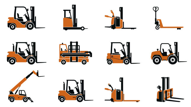 Vector icons of various forklifts and warehouse machinery