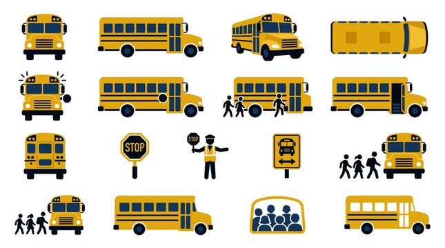 Yellow school bus vector icons set on a white background