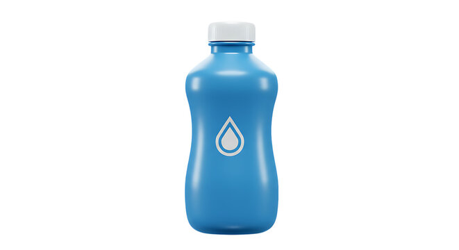 3d icon of a blue plastic bottle with a white cap and a water drop logo, isolated on transparent background